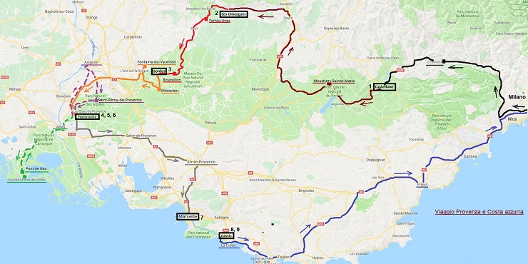 La carta di Provenza con le strade del nostro viaggio